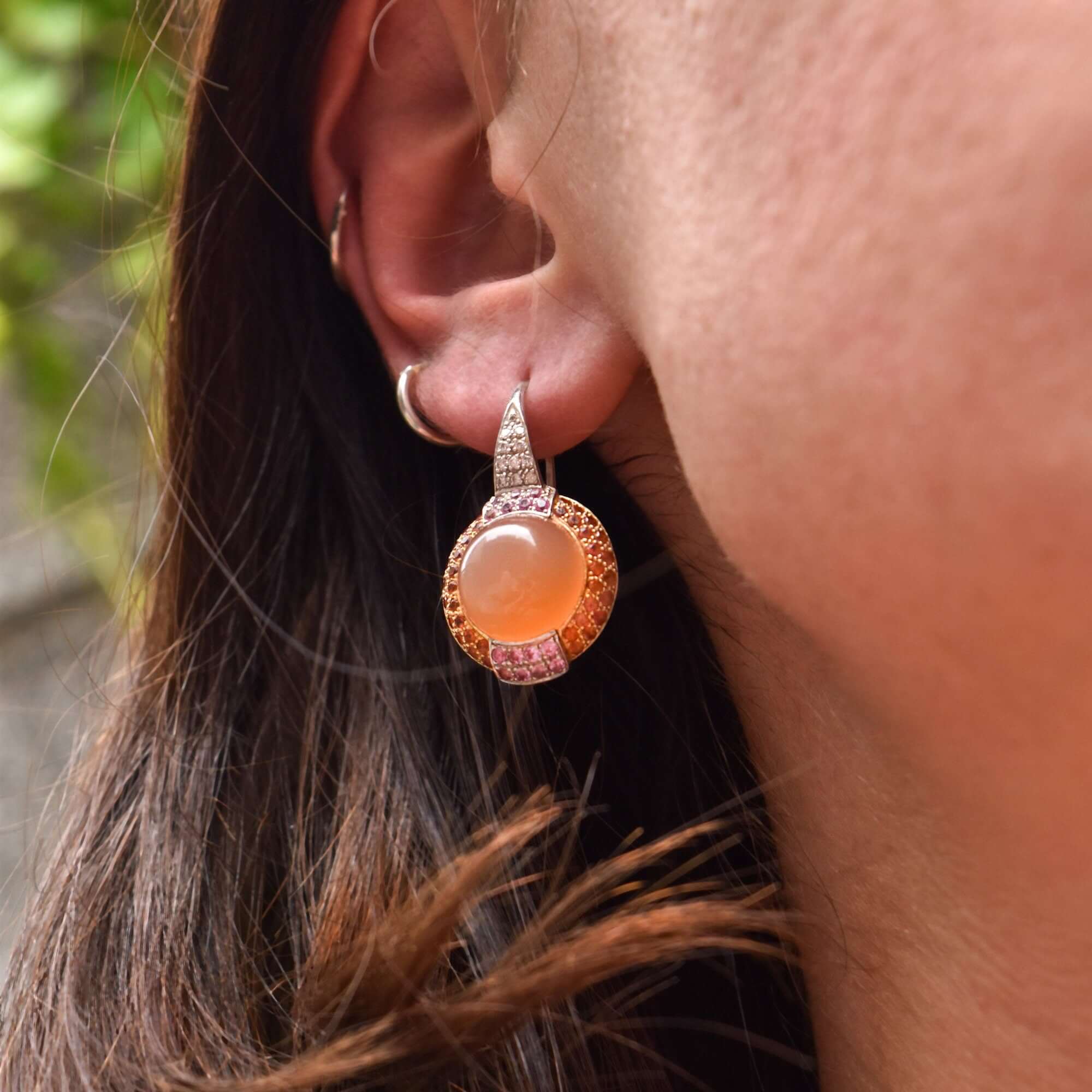 18K Two-Tone Peach Moonstone Lever Back Earrings with Pink Sapphires and Diamonds
