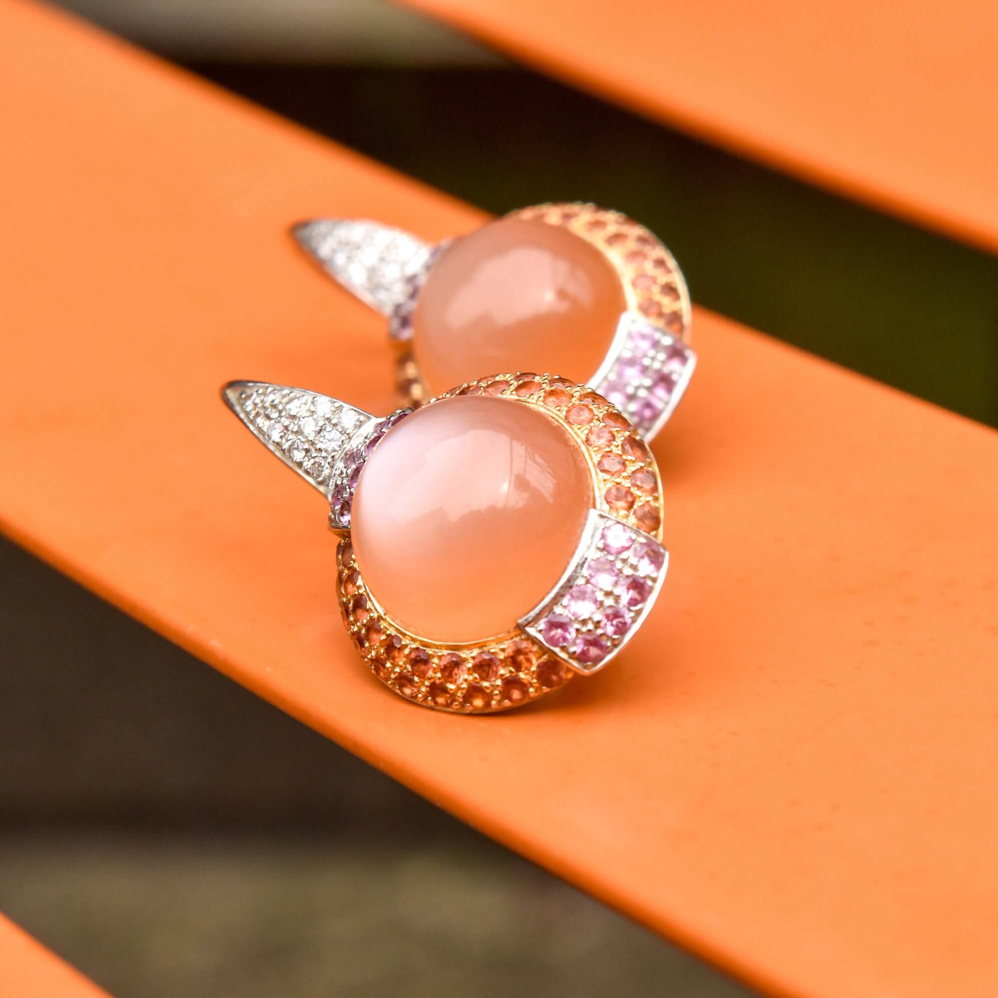 18K Two-Tone Peach Moonstone Lever Back Earrings with Pink Sapphires and Diamonds