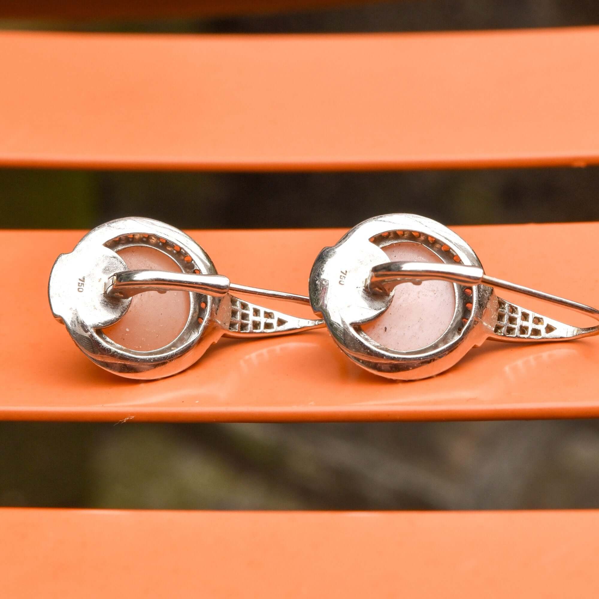 18K Two-Tone Peach Moonstone Lever Back Earrings with Pink Sapphires and Diamonds
