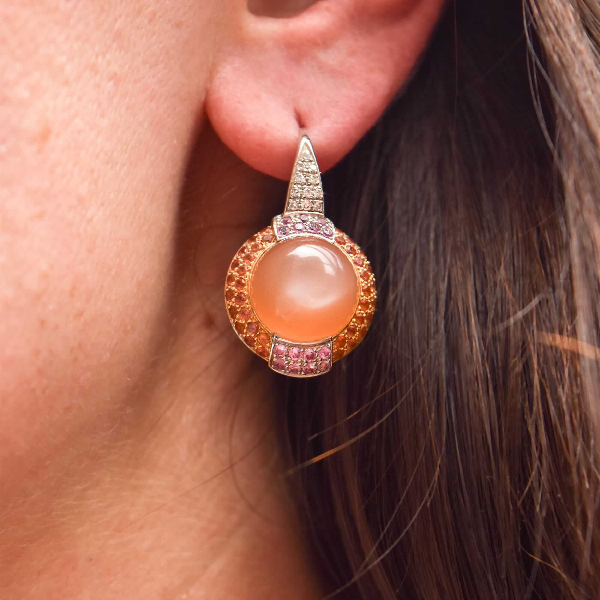 18K Two-Tone Peach Moonstone Lever Back Earrings with Pink Sapphires and Diamonds