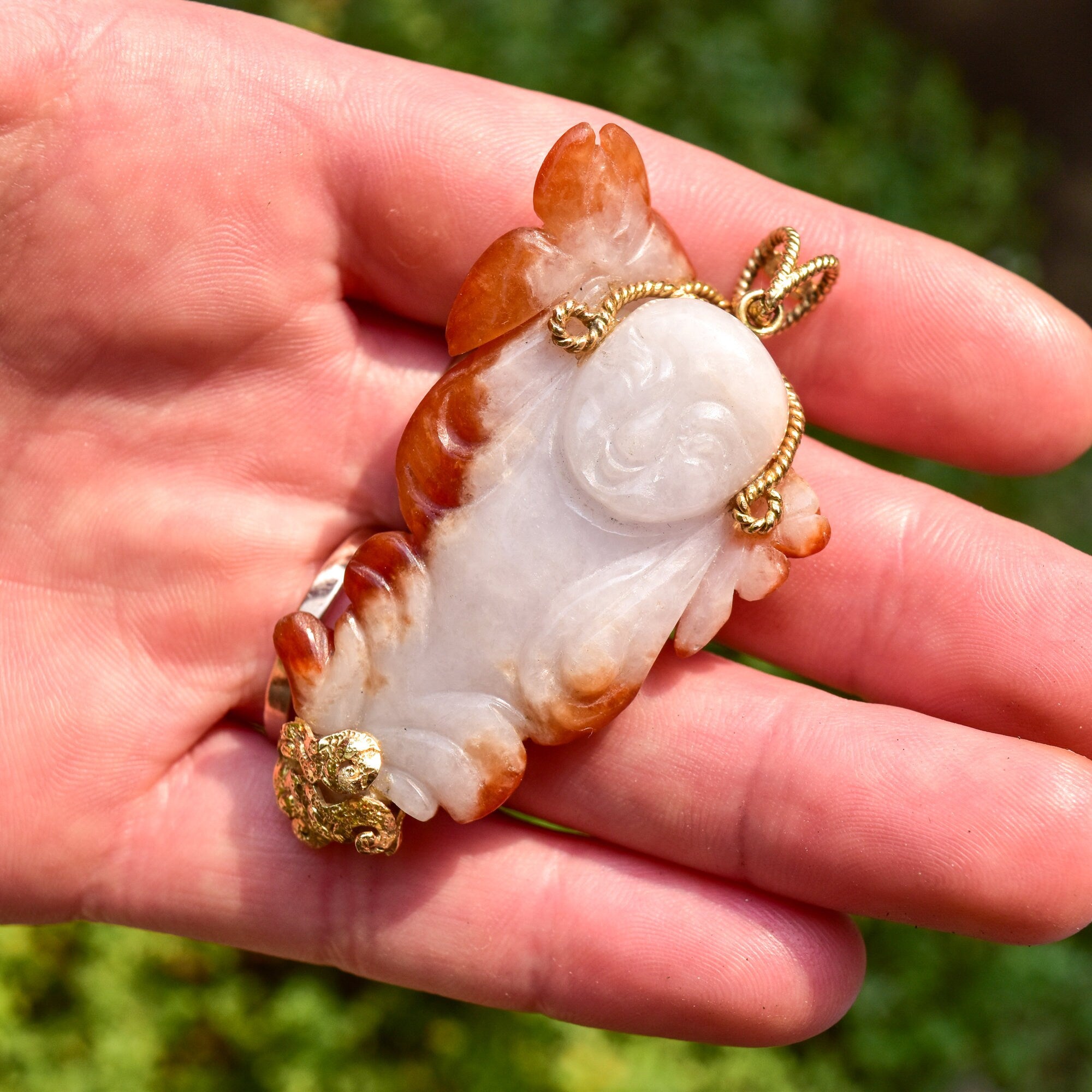 14K Carved Red Jade Buddha Pendant, Yellow Gold Wire Wrapping, Natural Jade Pendant,