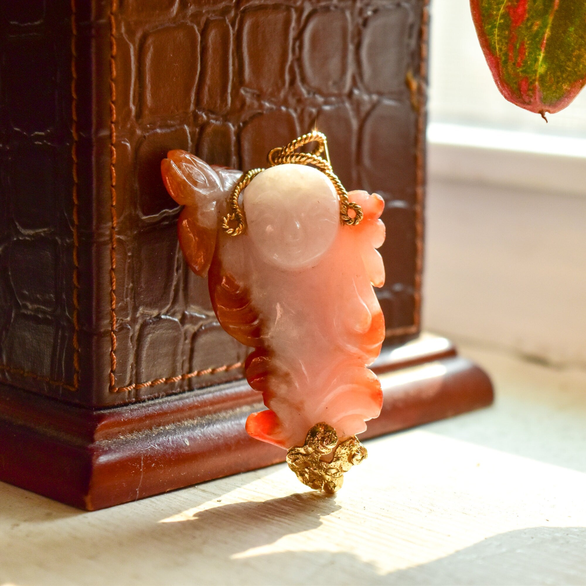 14K Carved Red Jade Buddha Pendant, Yellow Gold Wire Wrapping, Natural Jade Pendant,