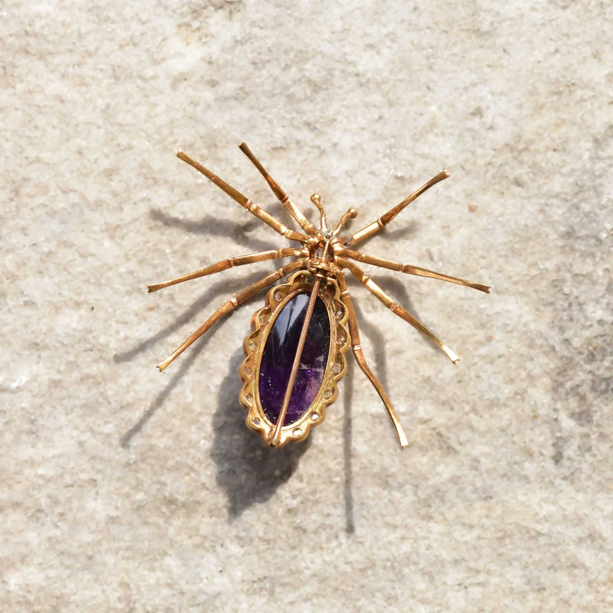 Art Deco 14K Diamond Encrusted Amethyst Spider Brooch