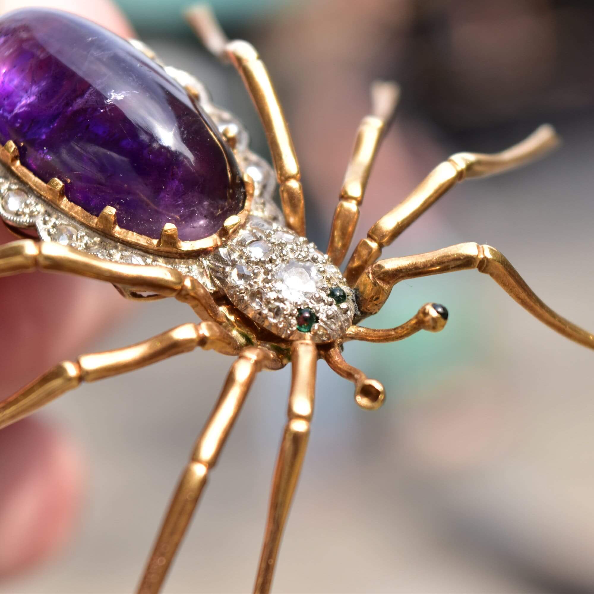 Art Deco 14K Diamond Encrusted Amethyst Spider Brooch