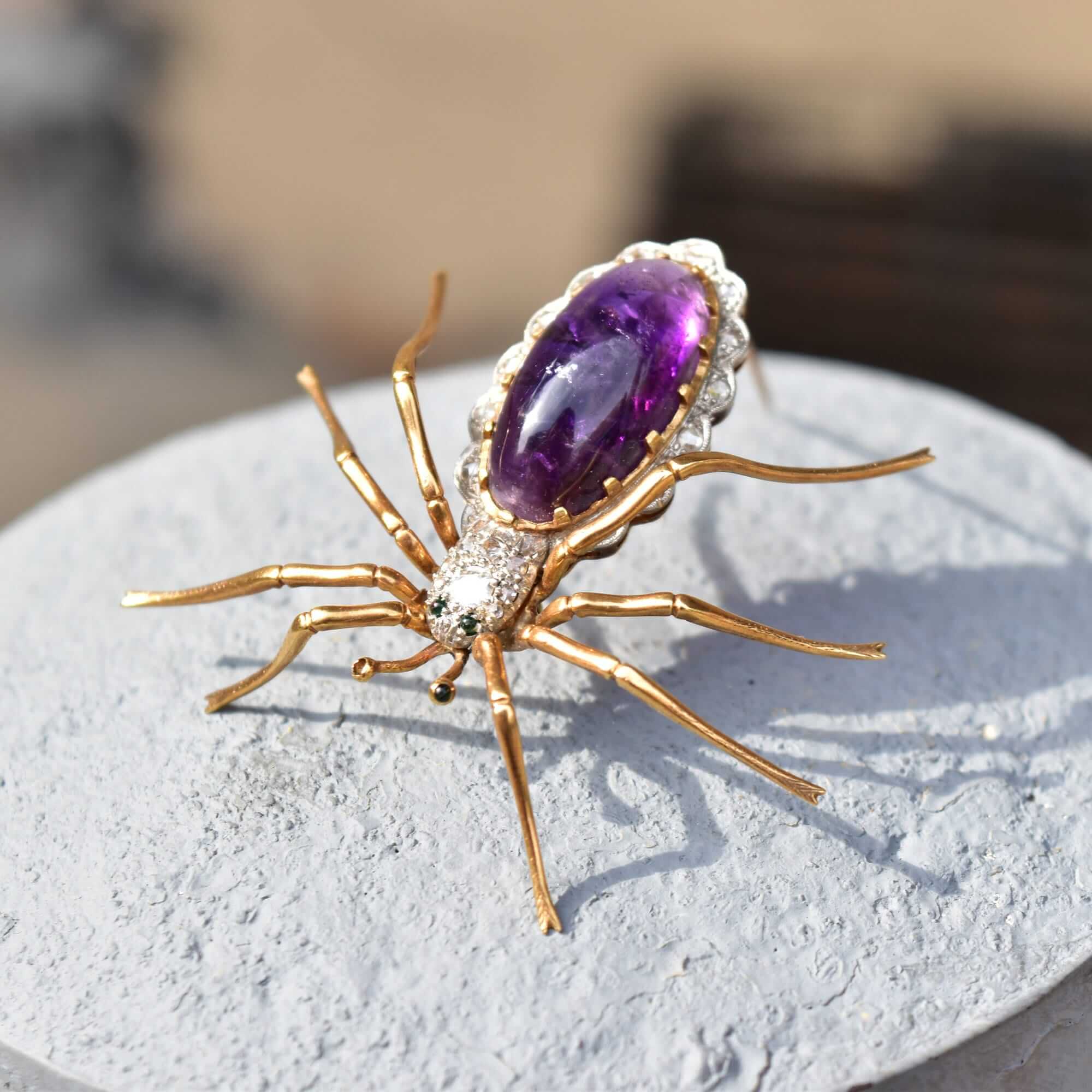 Art Deco 14K Diamond Encrusted Amethyst Spider Brooch