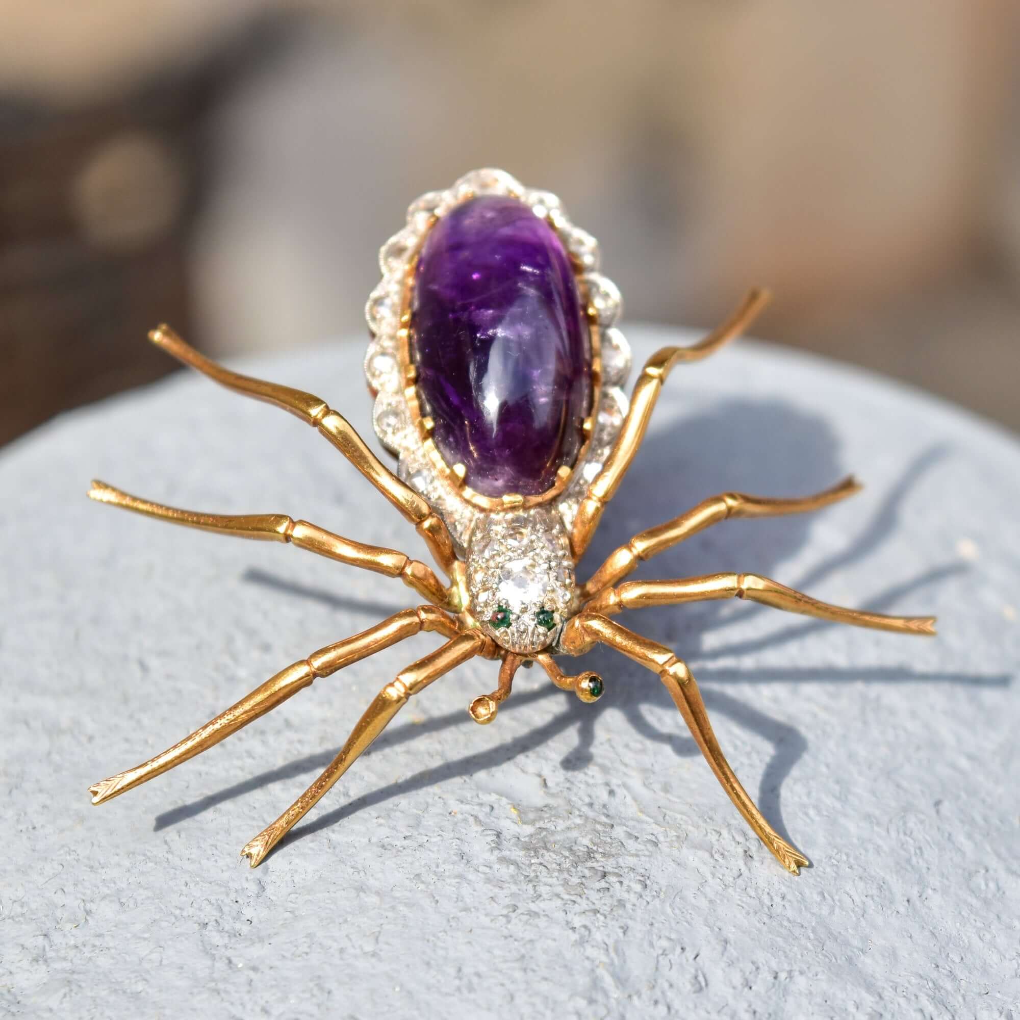 Art Deco 14K Diamond Encrusted Amethyst Spider Brooch