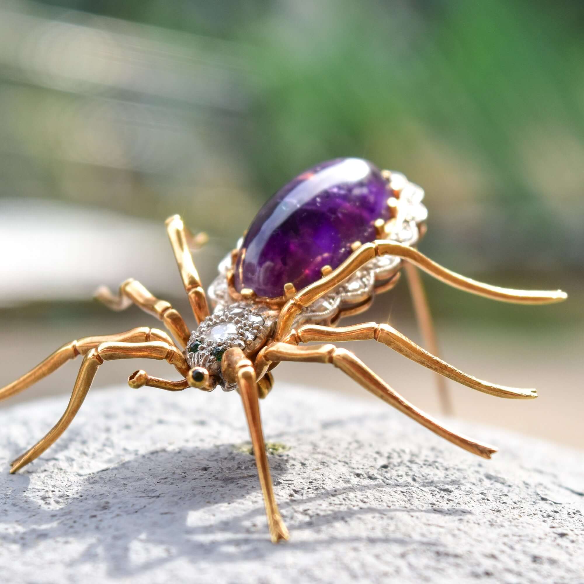 Art Deco 14K Diamond Encrusted Amethyst Spider Brooch