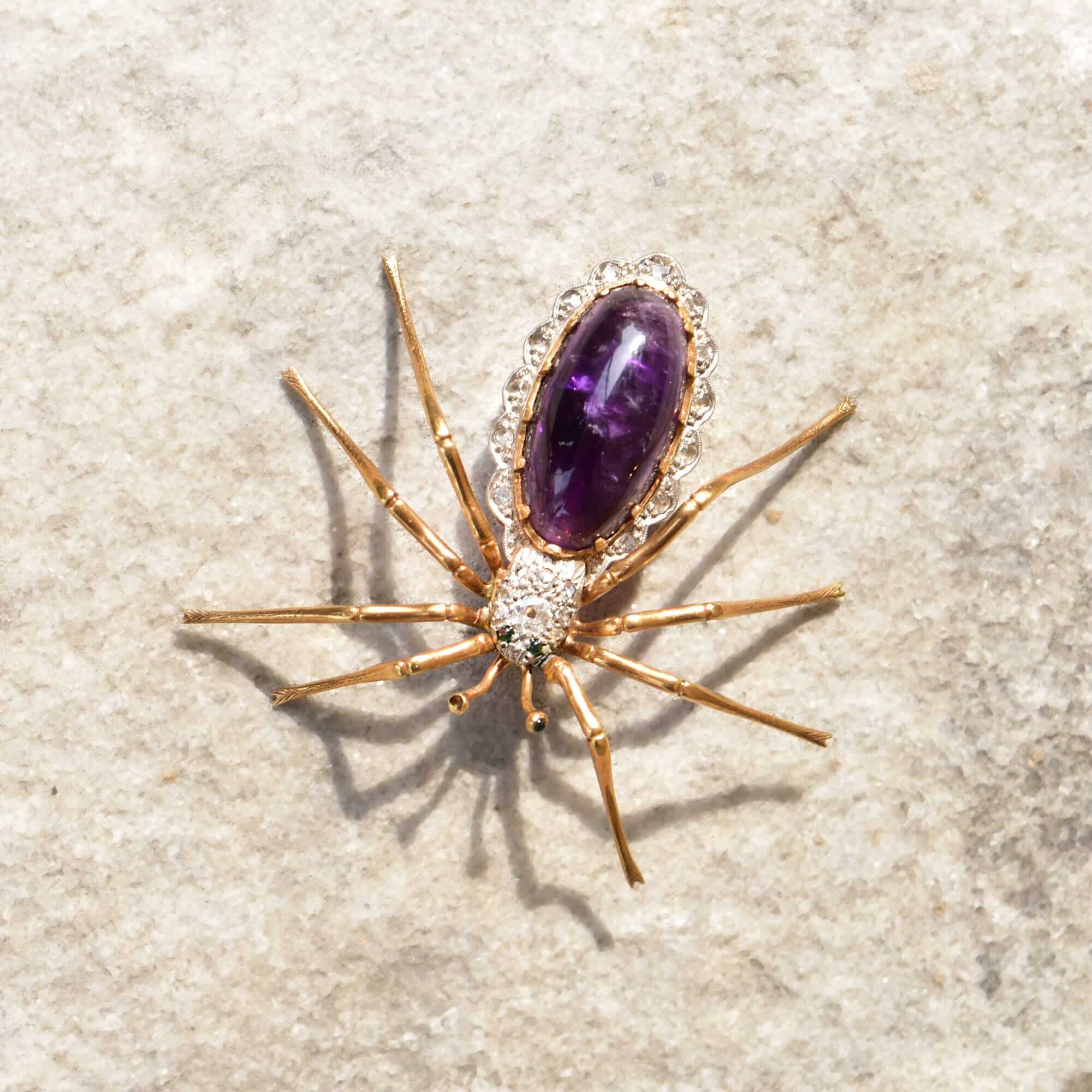 Art Deco 14K Diamond Encrusted Amethyst Spider Brooch