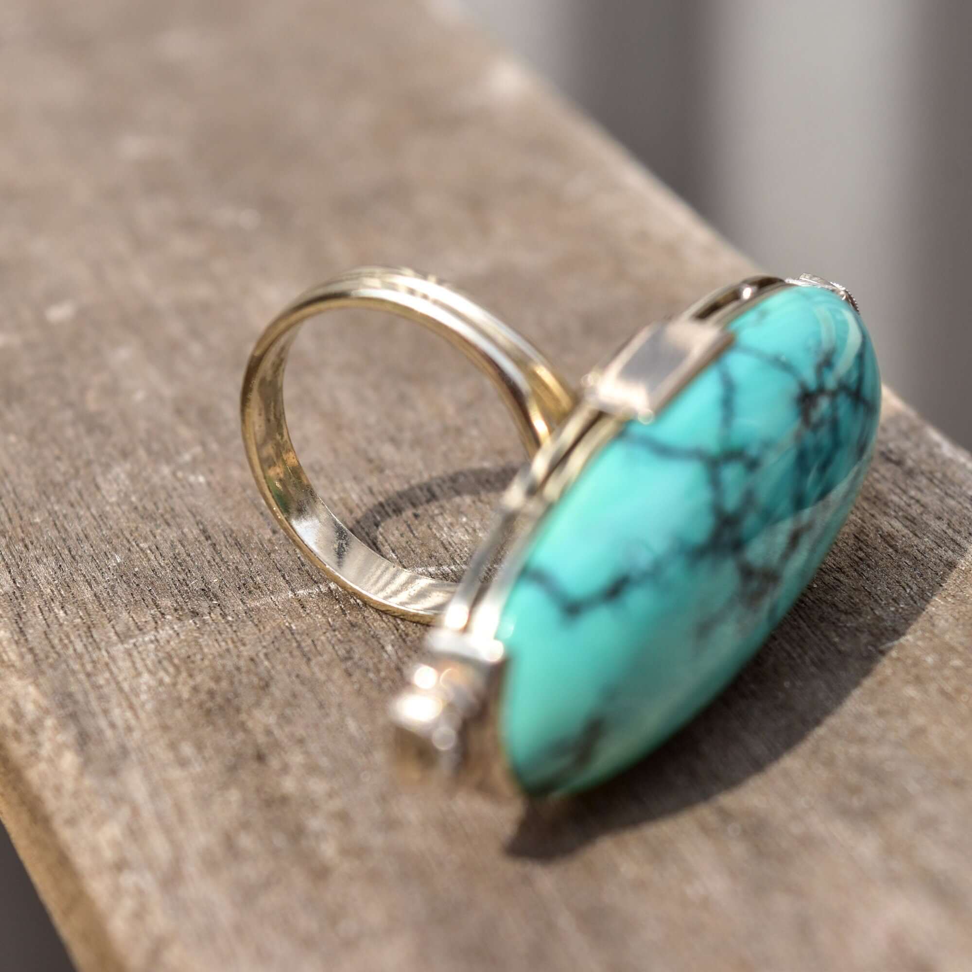 Huge Platinum Turquoise Cabochon Diamond Accent Statement Ring W/ 14K White Gold Band, Estate Jewelry, 7 1/4 US