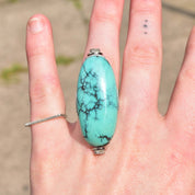 Huge Platinum Turquoise Cabochon Diamond Accent Statement Ring W/ 14K White Gold Band, Estate Jewelry, 7 1/4 US