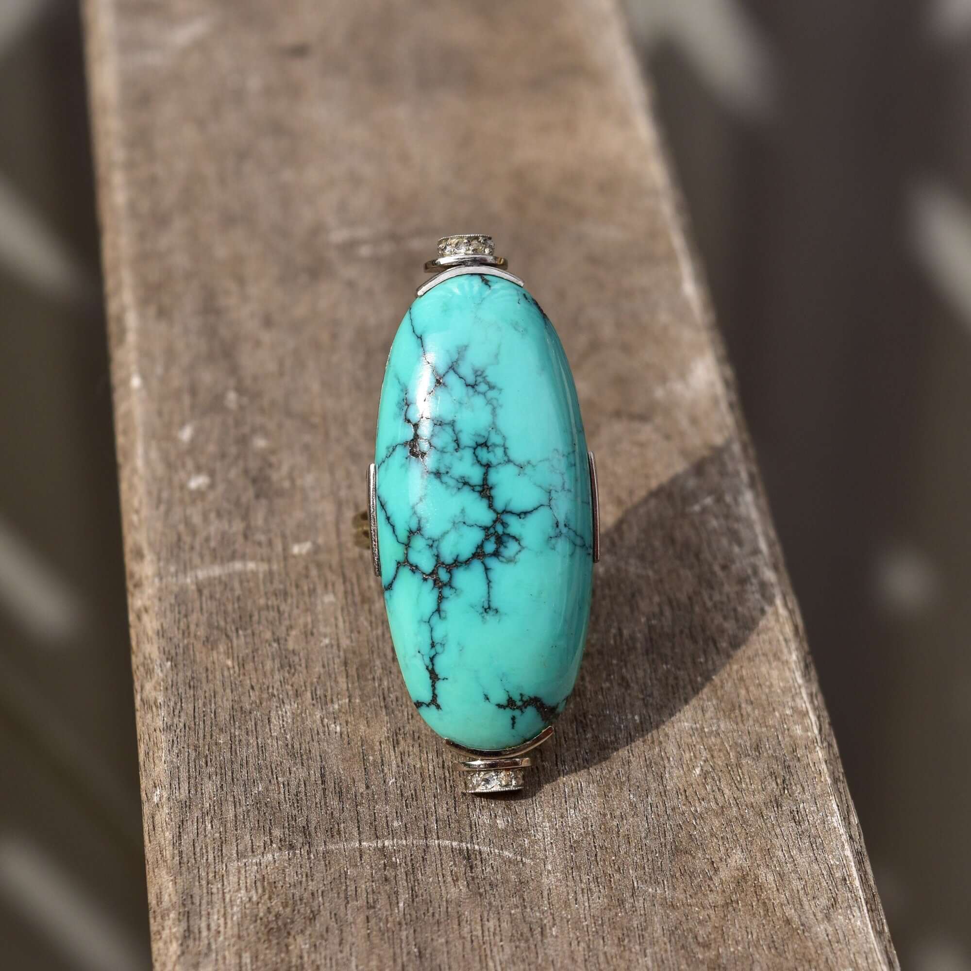 Huge Platinum Turquoise Cabochon Diamond Accent Statement Ring W/ 14K White Gold Band, Estate Jewelry, 7 1/4 US