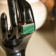 Modernist 14K Malachite Tall Square Ring, Polished Geometric Design, Estate Jewelry, 6 US