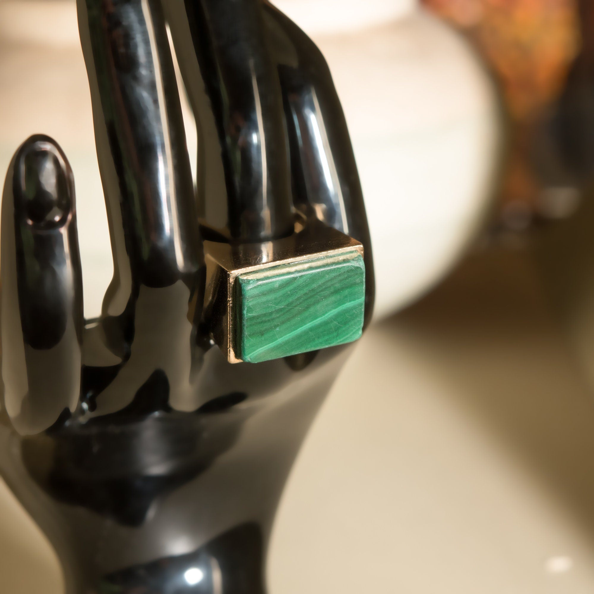 Modernist 14K Malachite Tall Square Ring, Polished Geometric Design, Estate Jewelry, 6 US