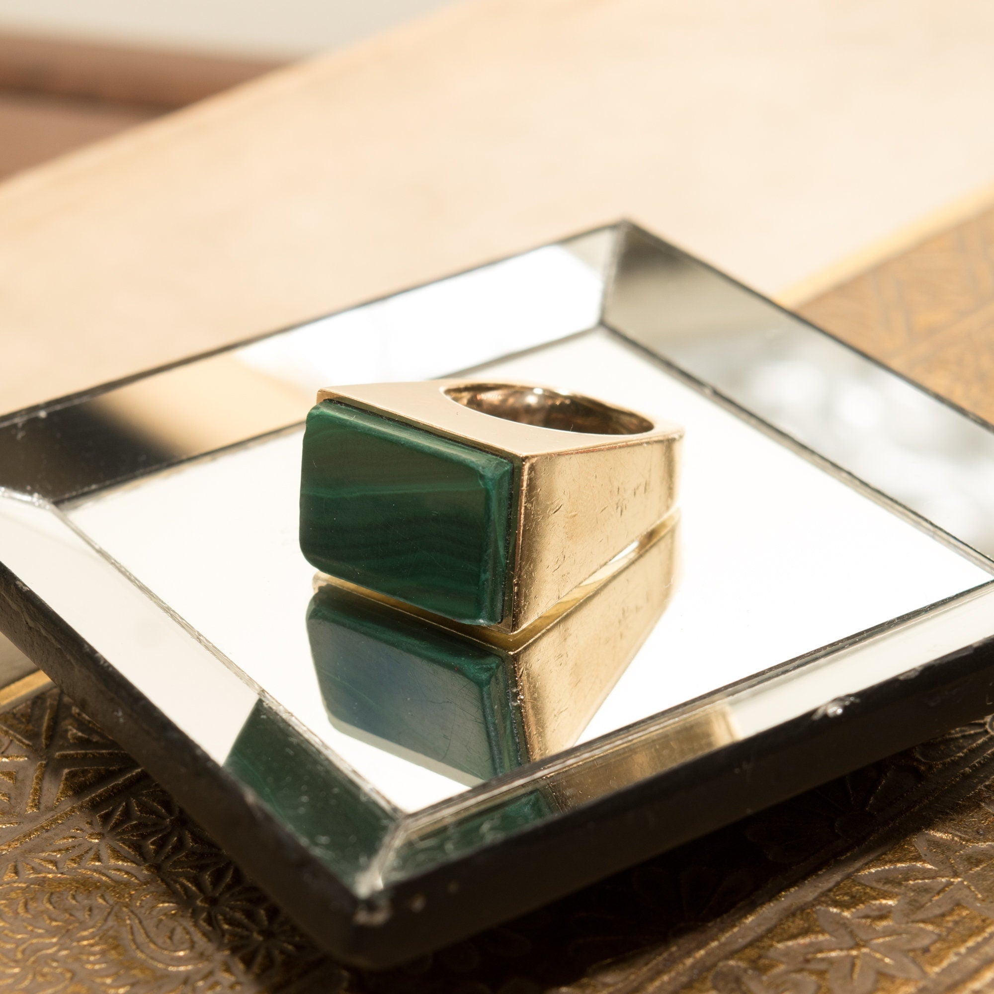 Modernist 14K Malachite Tall Square Ring, Polished Geometric Design, Estate Jewelry, 6 US