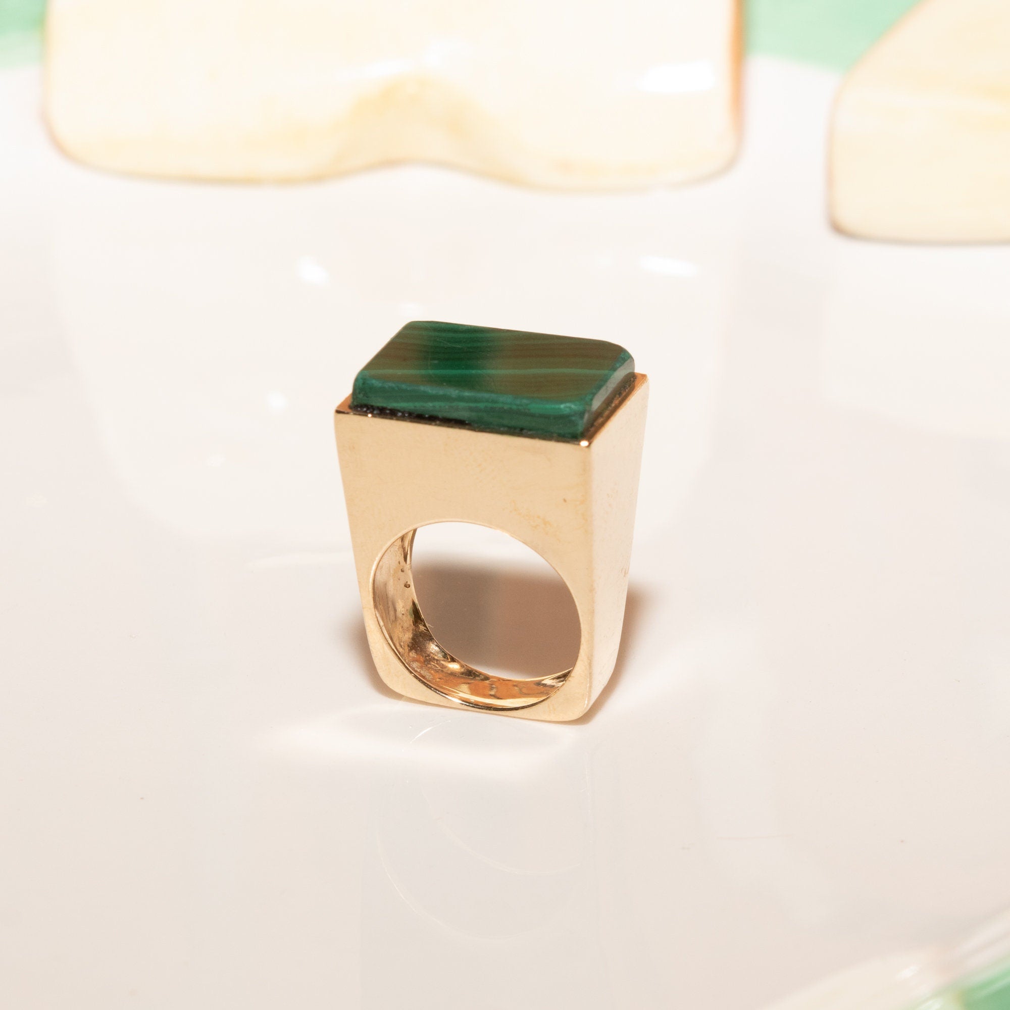 Modernist 14K Malachite Tall Square Ring, Polished Geometric Design, Estate Jewelry, 6 US