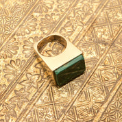 Modernist 14K Malachite Tall Square Ring, Polished Geometric Design, Estate Jewelry, 6 US