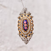 Toliro Italy 18K Diamond Encrusted Sapphire Enamel Flower Brooch Pendant, Estate Jewelry, 54mm