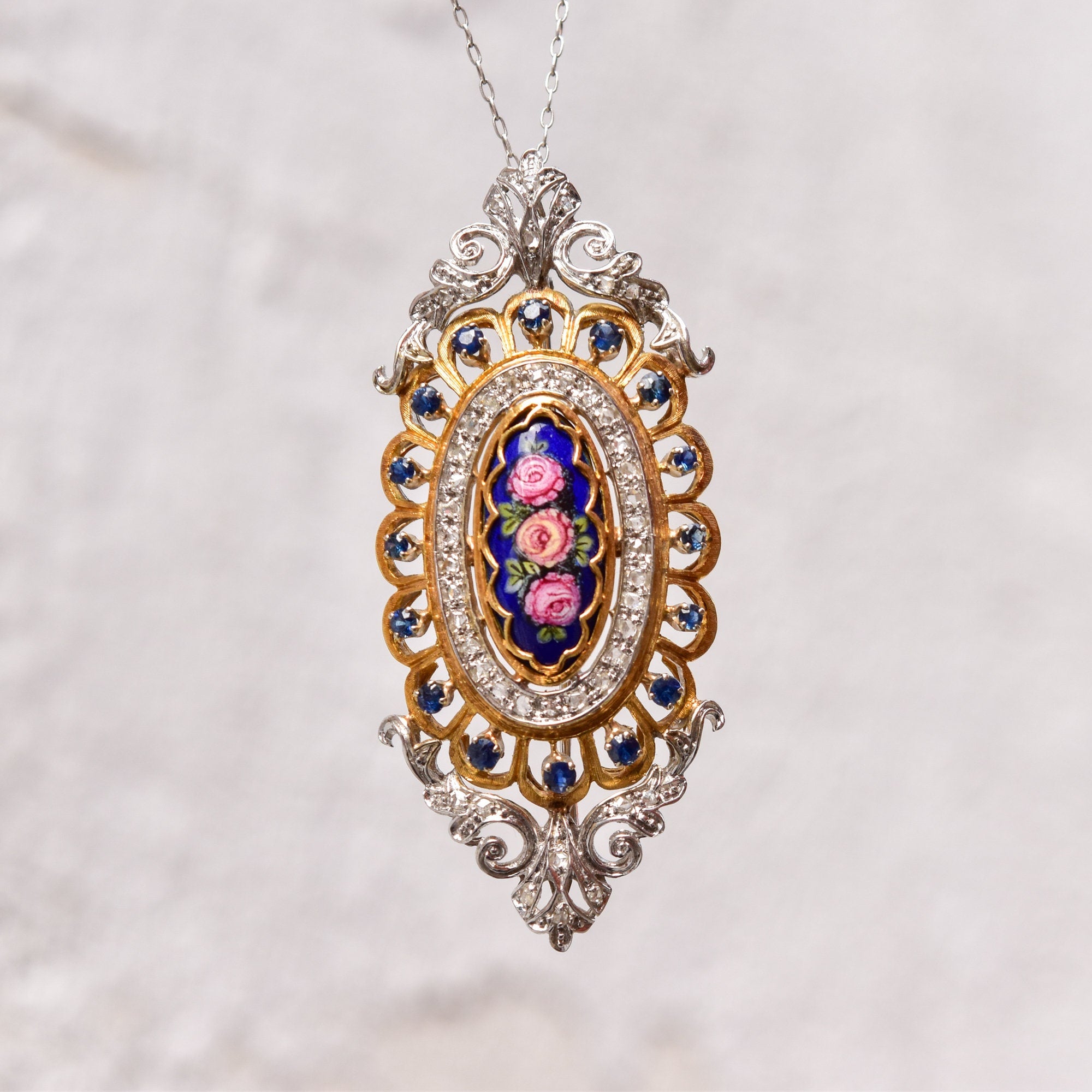 Toliro Italy 18K Diamond Encrusted Sapphire Enamel Flower Brooch Pendant, Estate Jewelry, 54mm