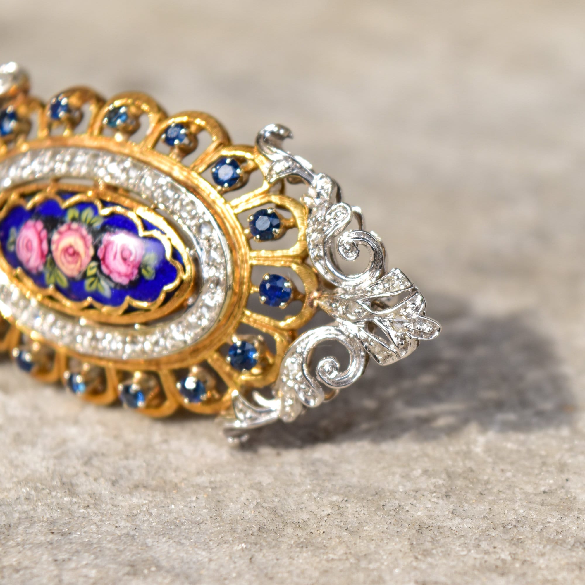 Toliro Italy 18K Diamond Encrusted Sapphire Enamel Flower Brooch Pendant, Estate Jewelry, 54mm