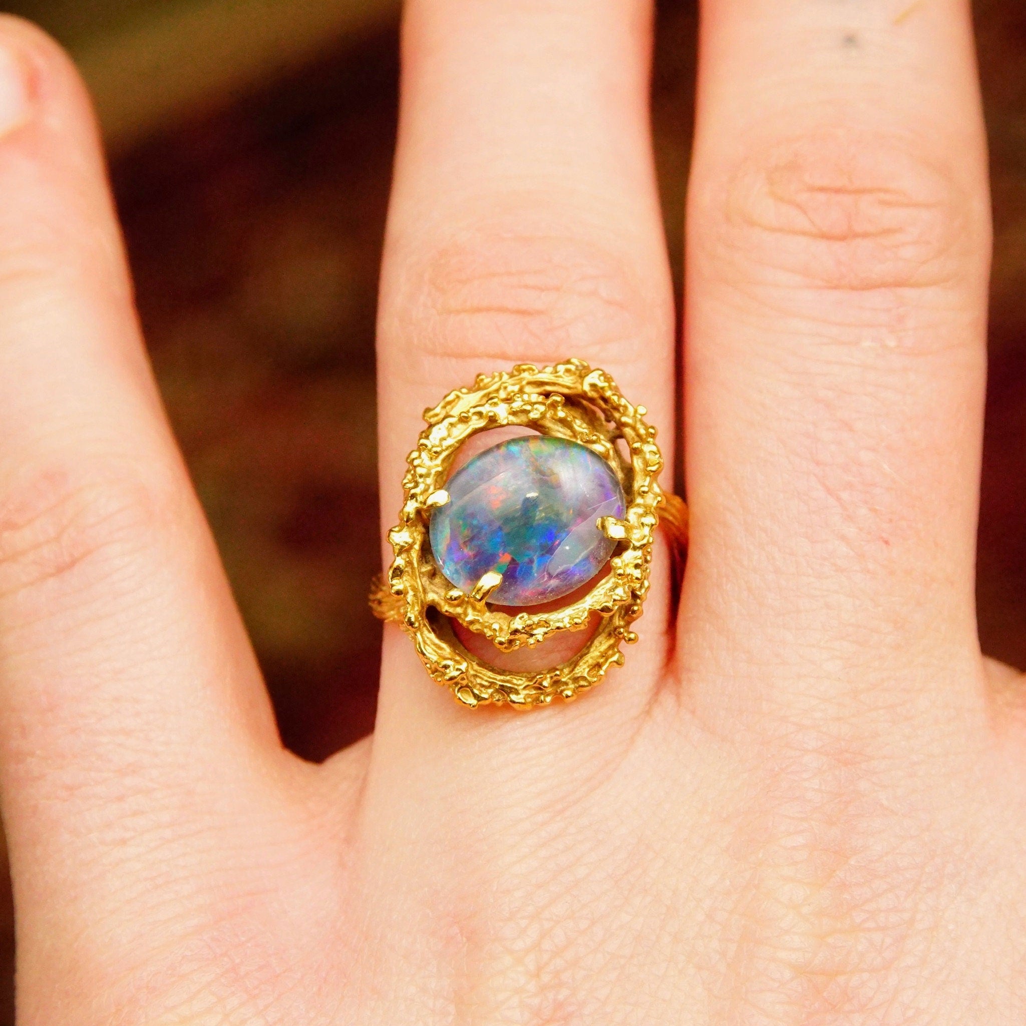 Brutalist 14K Black Opal Cocktail Ring, Genuine Opal, Textured Yellow Gold Setting & Band, 585 Gemstone Cabochon, Size 8 1/2 US