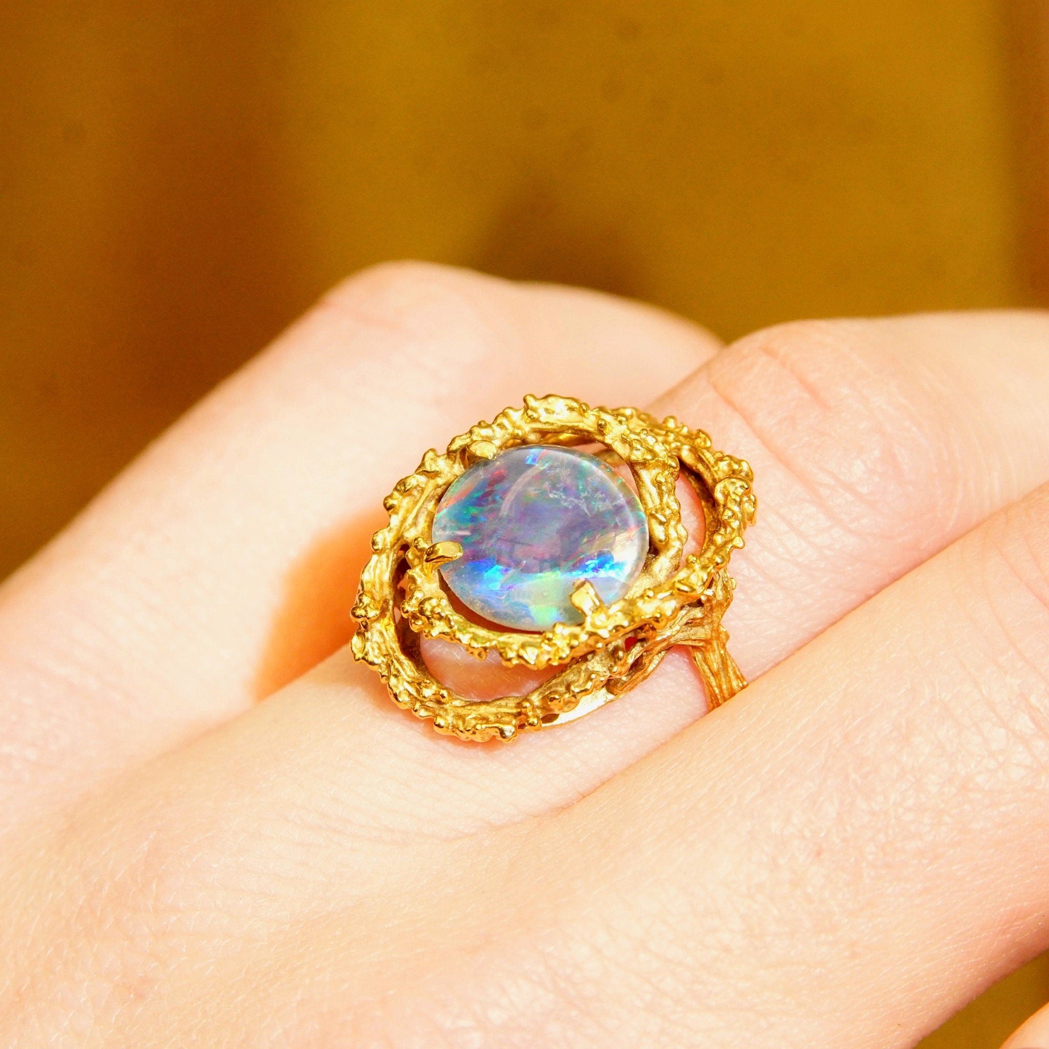 Brutalist 14K Black Opal Cocktail Ring, Genuine Opal, Textured Yellow Gold Setting & Band, 585 Gemstone Cabochon, Size 8 1/2 US