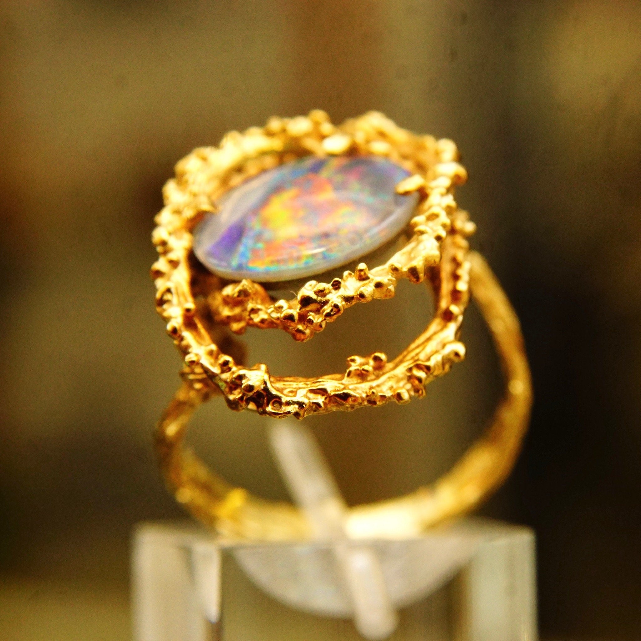Brutalist 14K Black Opal Cocktail Ring, Genuine Opal, Textured Yellow Gold Setting & Band, 585 Gemstone Cabochon, Size 8 1/2 US