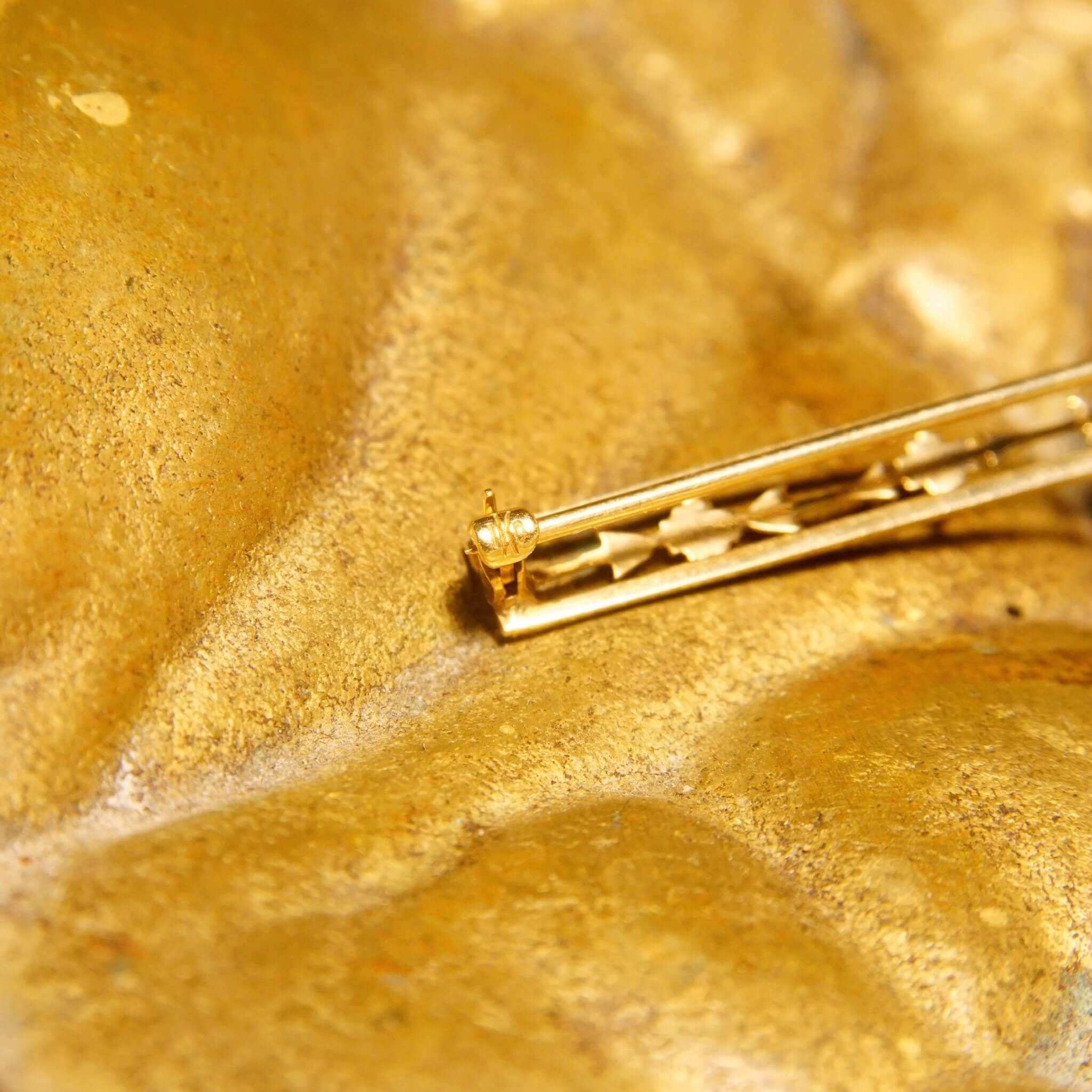 Art Deco 10K Yellow Gold Ruby Bar Pin, Floral Embellishments, Pink Ruby Accent, 57mm