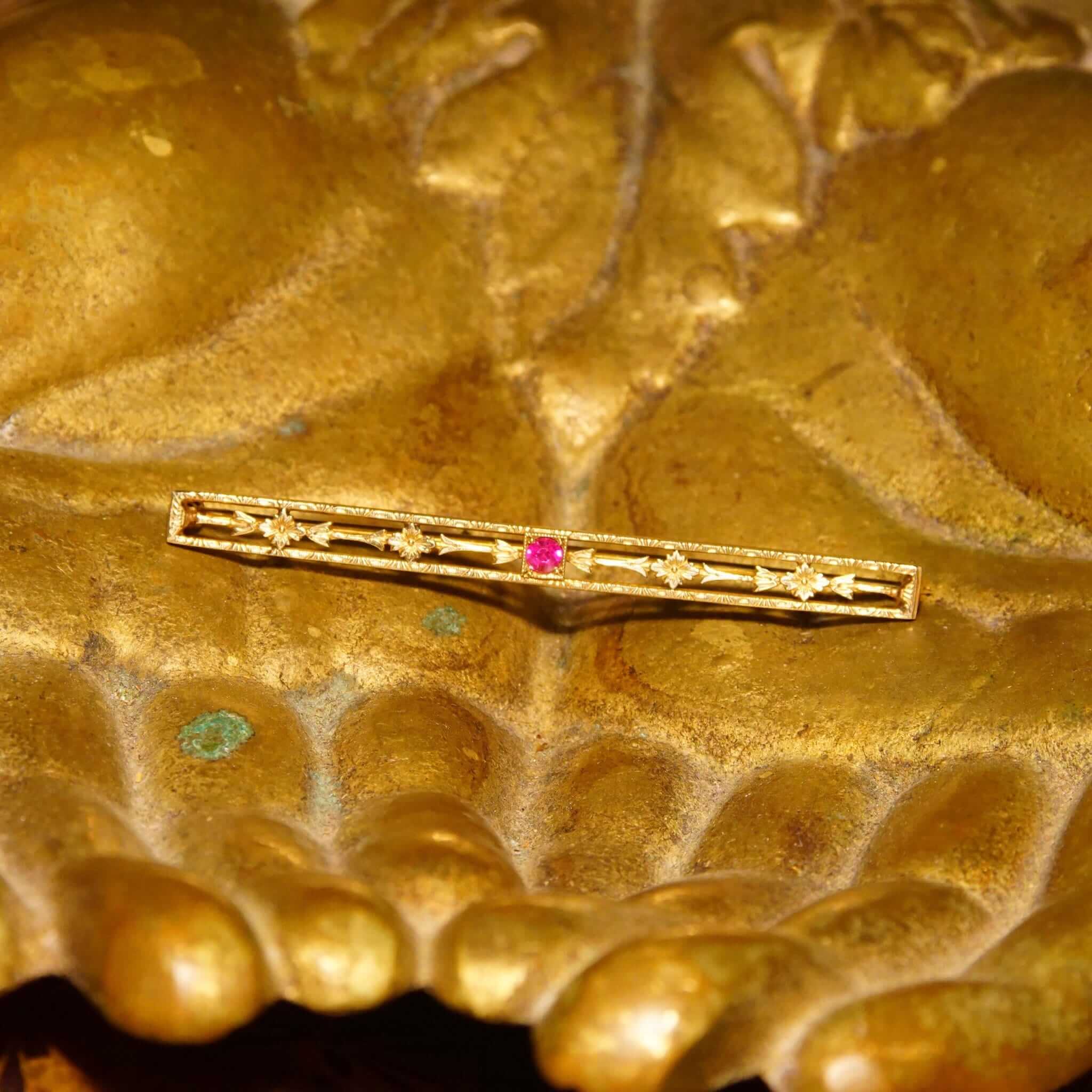 Art Deco 10K Yellow Gold Ruby Bar Pin, Floral Embellishments, Pink Ruby Accent, 57mm