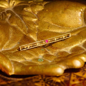 Art Deco 10K Yellow Gold Ruby Bar Pin, Floral Embellishments, Pink Ruby Accent, 57mm