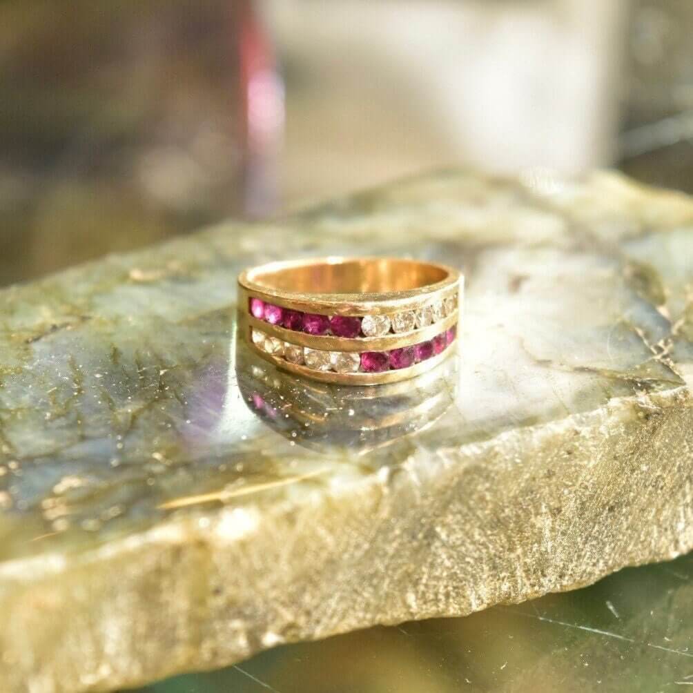 14K Channel Set Diamond Ruby Ring In Yellow Gold, Alternating Two-Row Design, Vintage Anniversary Ring, Size 6 US