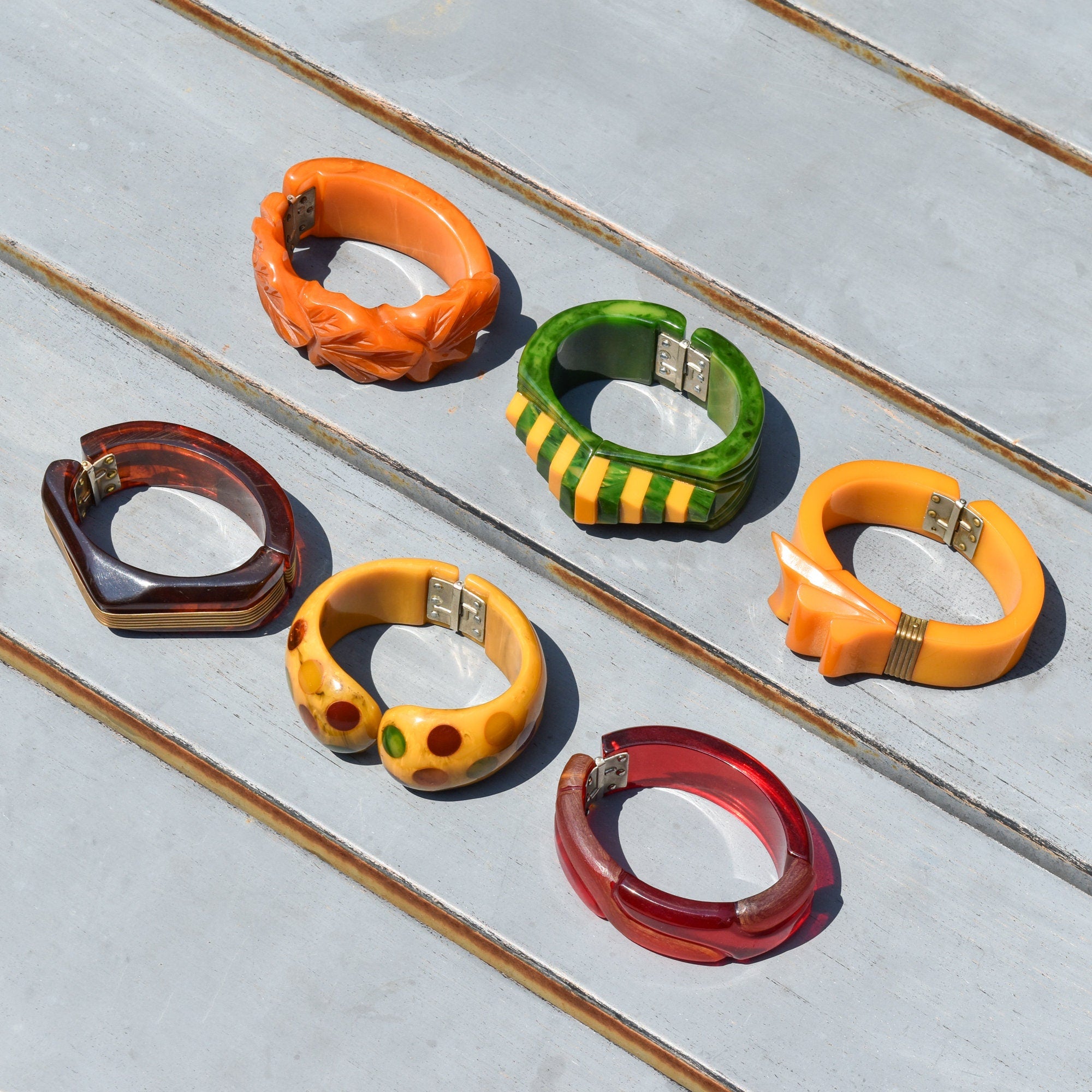 MCM Bakelite Clamper Cuffs, Unique Colorful Chunky Bracelets, Vintage Jewelry