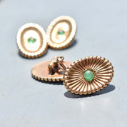 Estate 14K Yellow Gold Green Cabochon Cufflinks, Handmade Chain Link Cufflinks, Vintage Men's Jewelry
