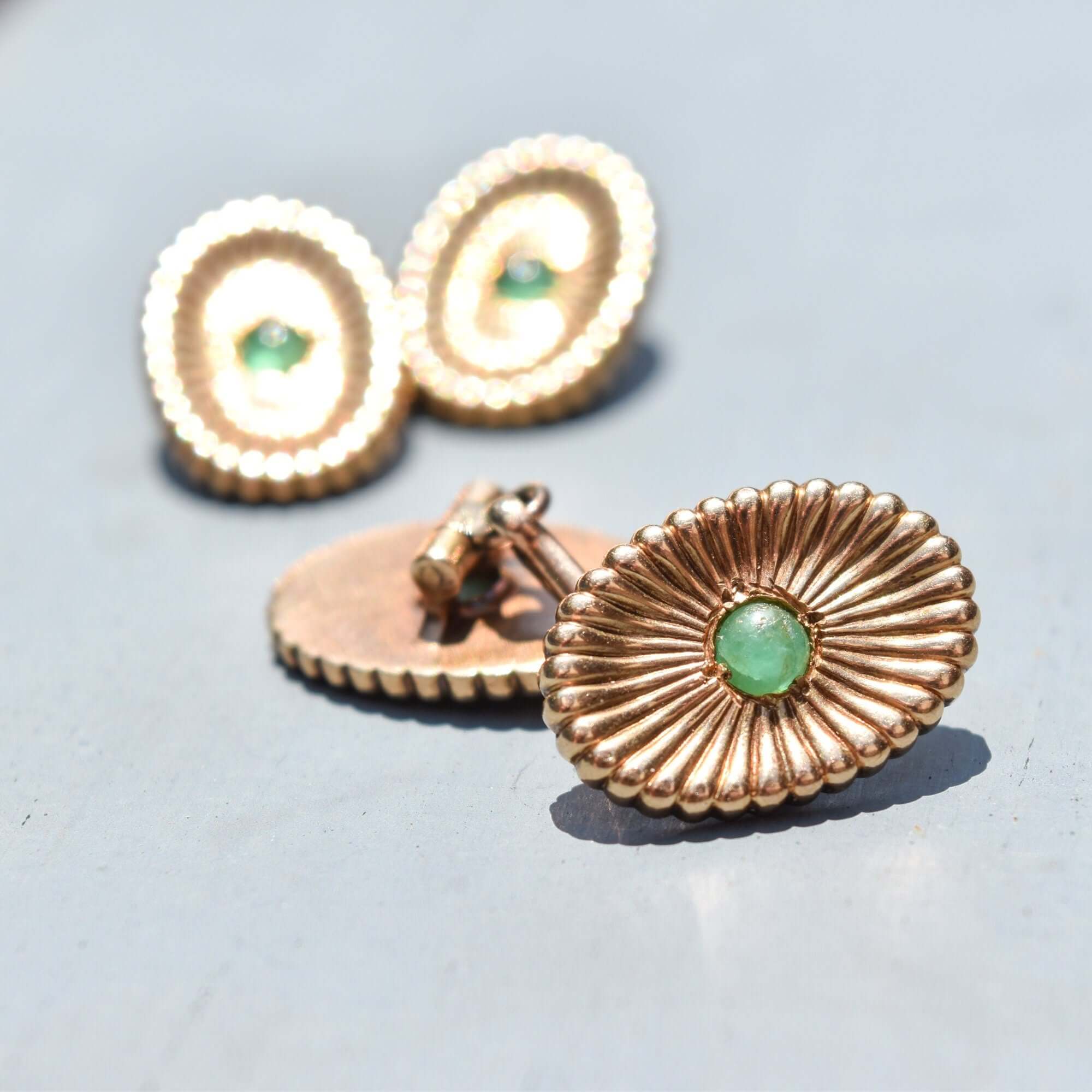 Estate 14K Yellow Gold Green Cabochon Cufflinks, Handmade Chain Link Cufflinks, Vintage Men's Jewelry