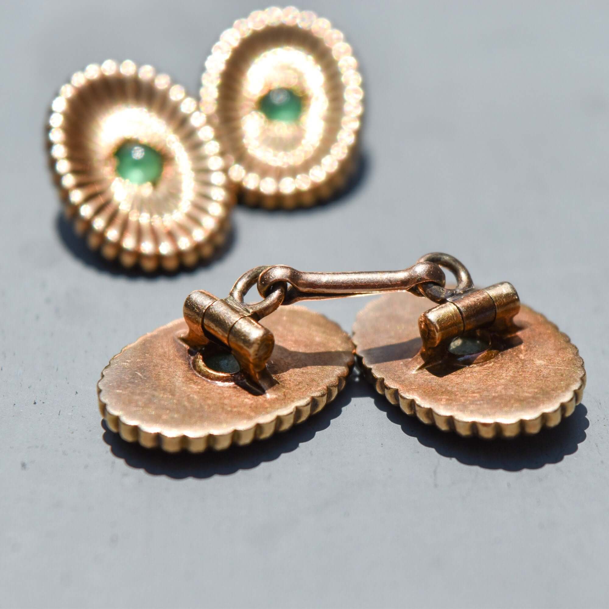 Estate 14K Yellow Gold Green Cabochon Cufflinks, Handmade Chain Link Cufflinks, Vintage Men's Jewelry