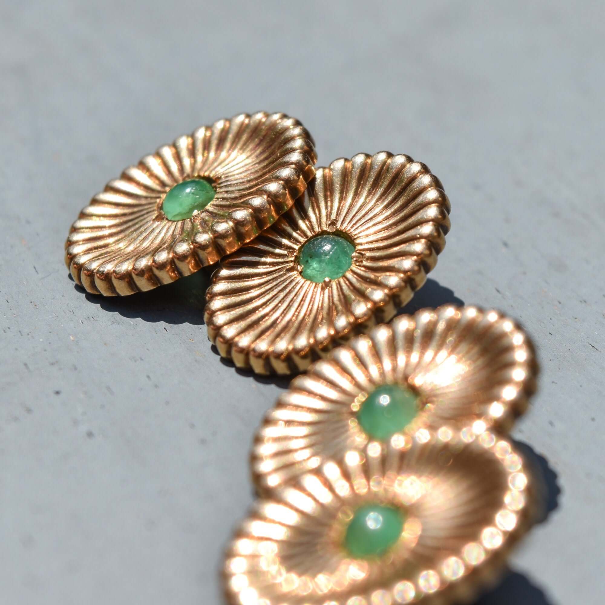 Estate 14K Yellow Gold Green Cabochon Cufflinks, Handmade Chain Link Cufflinks, Vintage Men's Jewelry