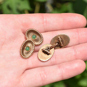 Estate 14K Yellow Gold Green Cabochon Cufflinks, Handmade Chain Link Cufflinks, Vintage Men's Jewelry