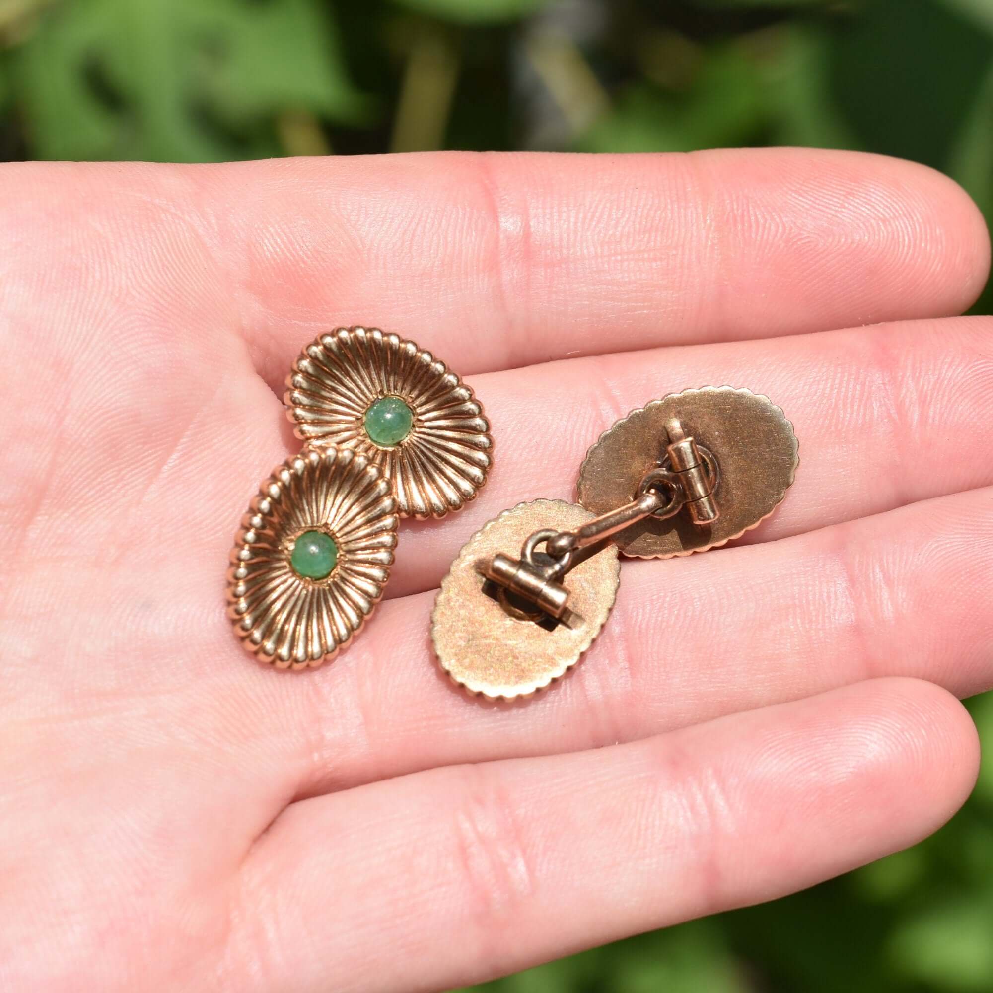 Estate 14K Yellow Gold Green Cabochon Cufflinks, Handmade Chain Link Cufflinks, Vintage Men's Jewelry