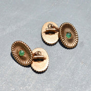 Estate 14K Yellow Gold Green Cabochon Cufflinks, Handmade Chain Link Cufflinks, Vintage Men's Jewelry