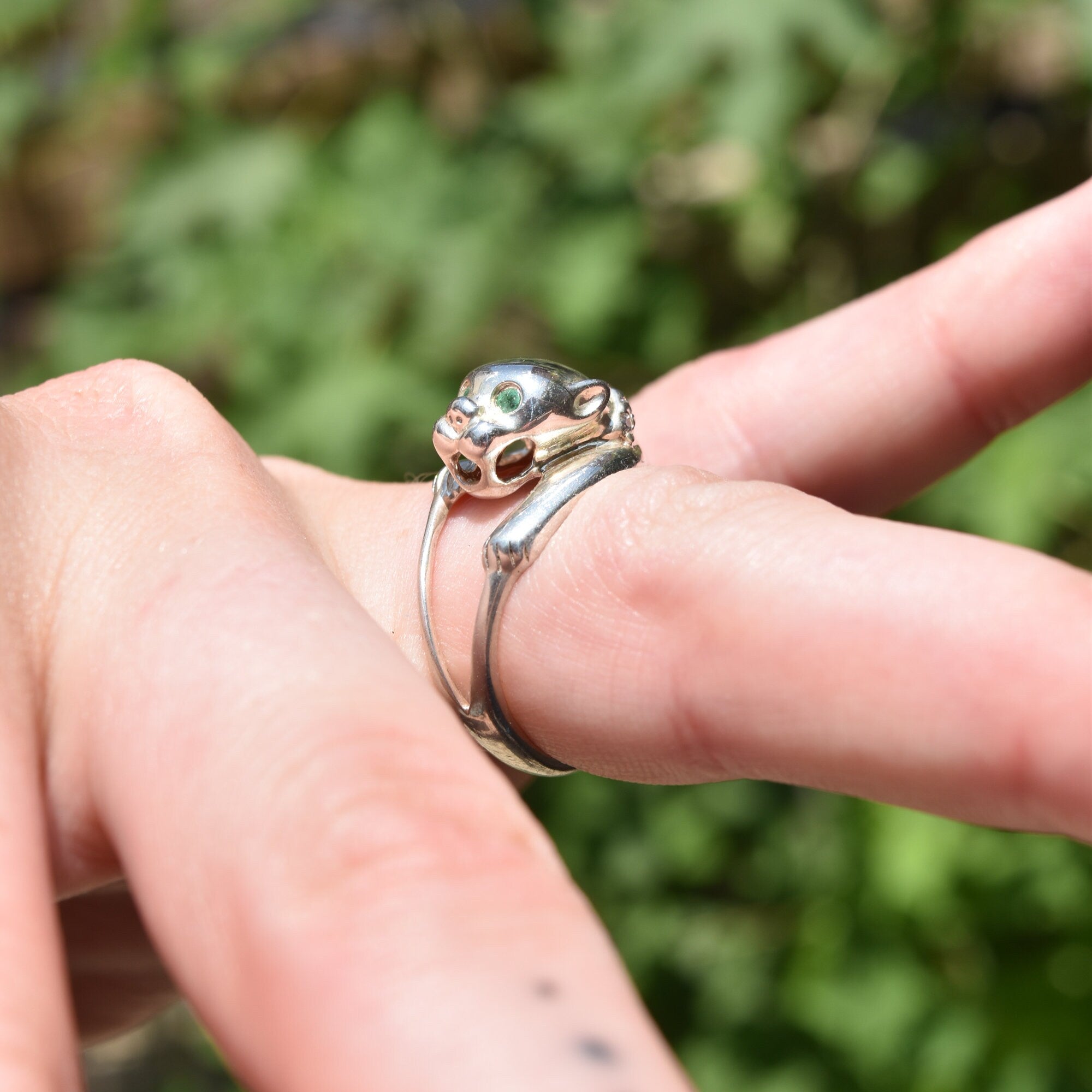 Sterling Silver Emerald Eyed Panther Ring W/ Diamond Collar, '925 NV', Vintage Jewelry, Size 7 US