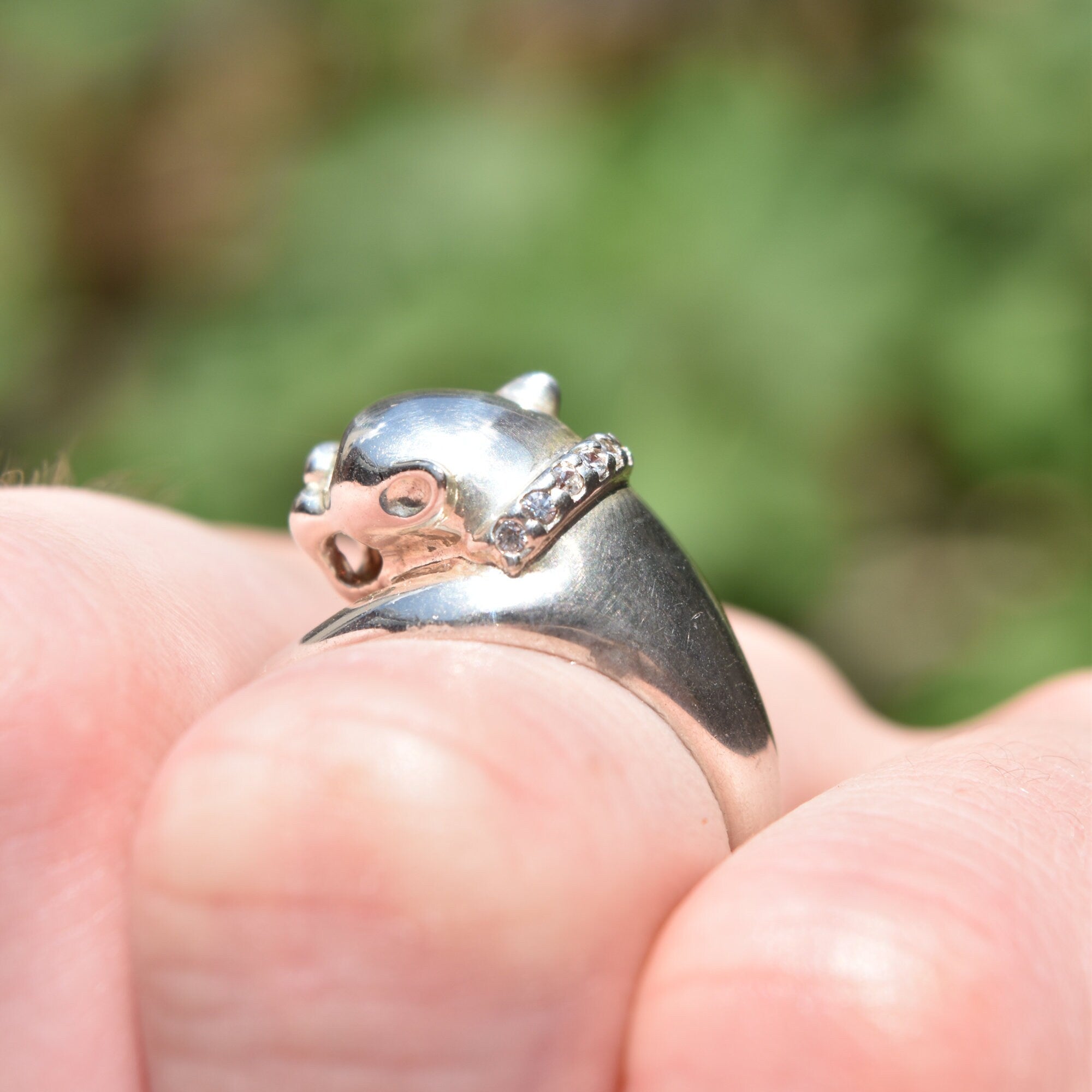 Sterling Silver Emerald Eyed Panther Ring W/ Diamond Collar, '925 NV', Vintage Jewelry, Size 7 US