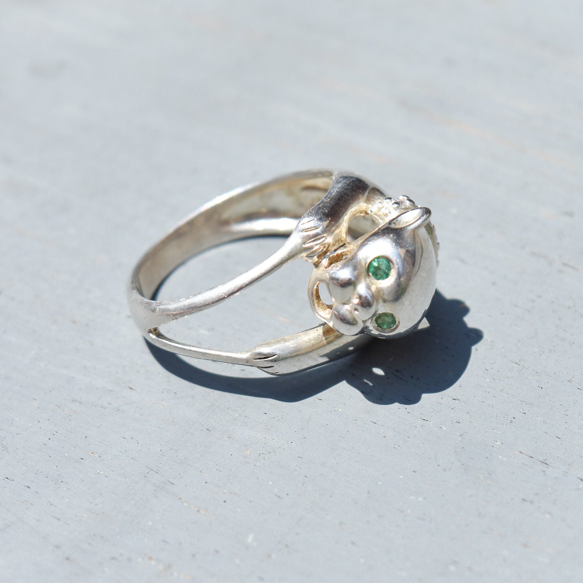 Sterling Silver Emerald Eyed Panther Ring W/ Diamond Collar, '925 NV', Vintage Jewelry, Size 7 US