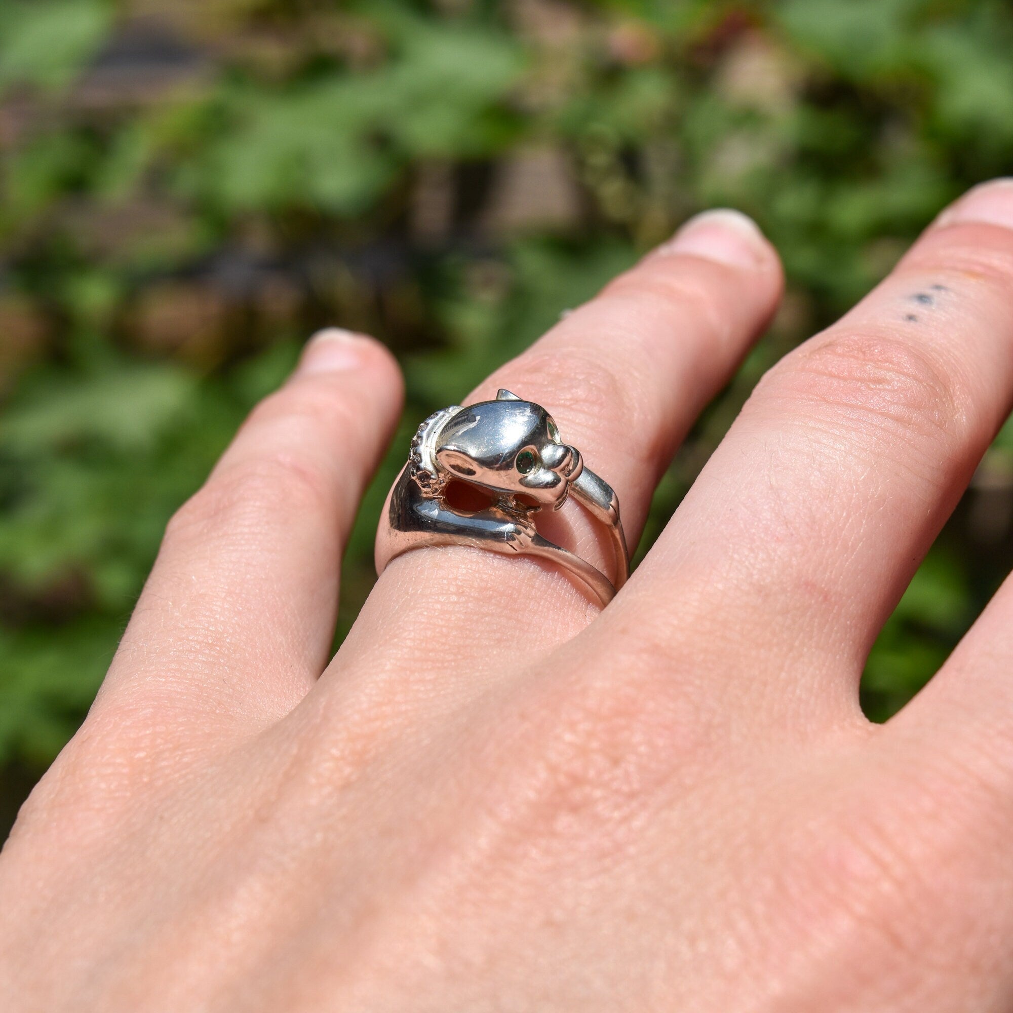 Sterling Silver Emerald Eyed Panther Ring W/ Diamond Collar, '925 NV', Vintage Jewelry, Size 7 US