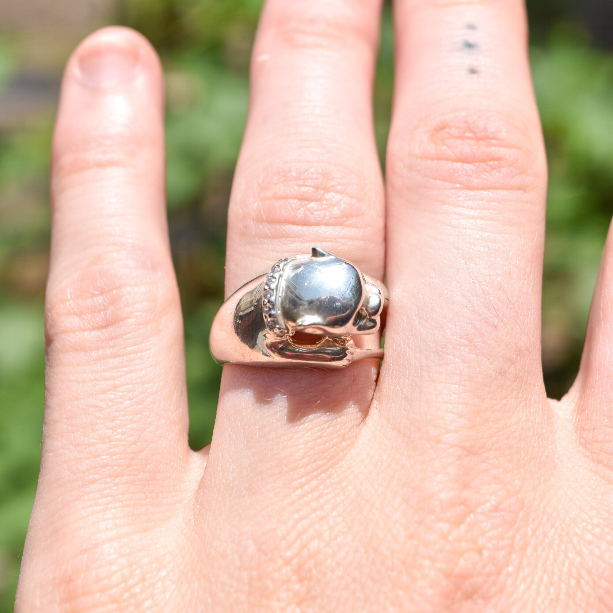 Sterling Silver Emerald Eyed Panther Ring W/ Diamond Collar, '925 NV', Vintage Jewelry, Size 7 US