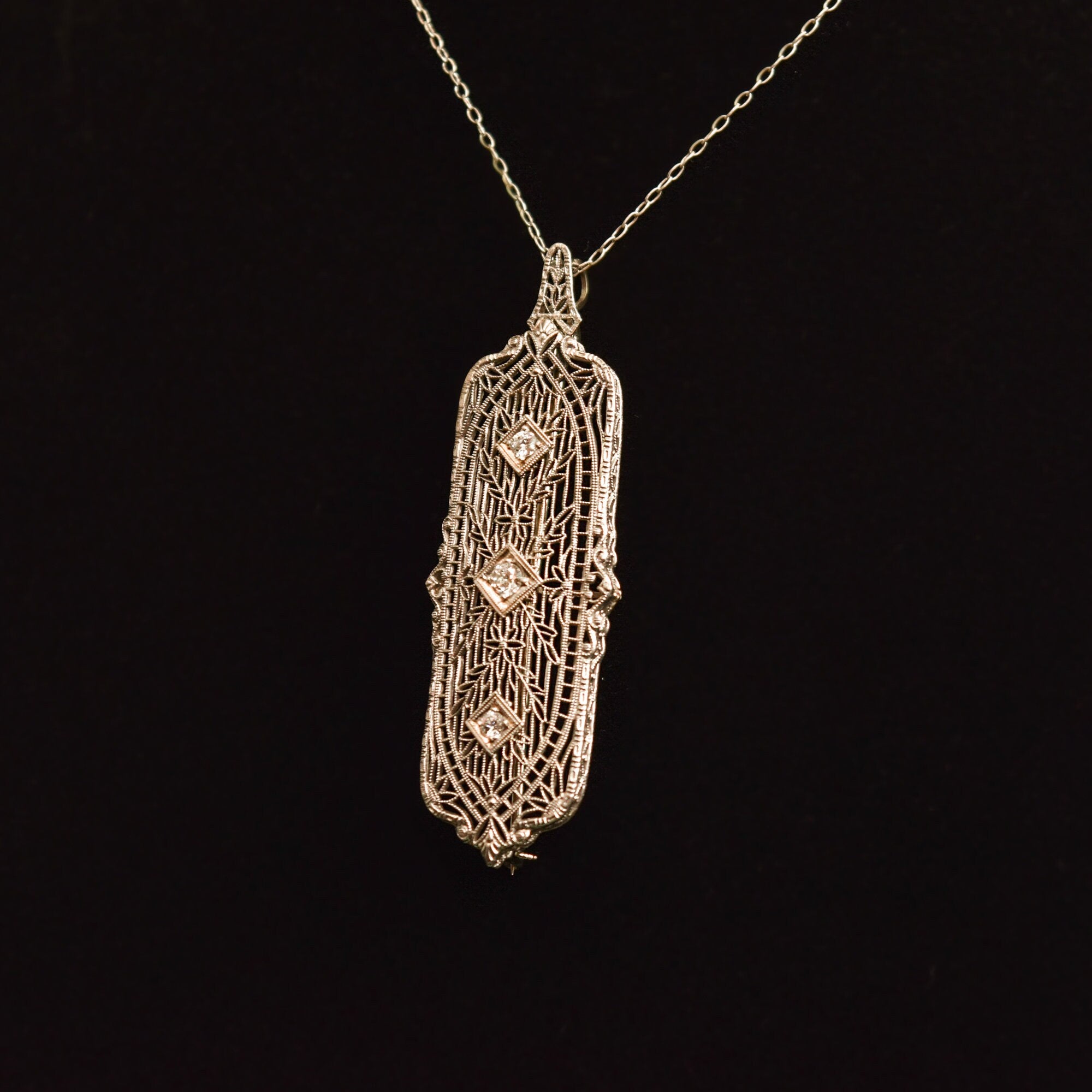 Edwardian 14K White Gold Filigree Diamond Brooch Pendant, Antique Jewelry, 2"