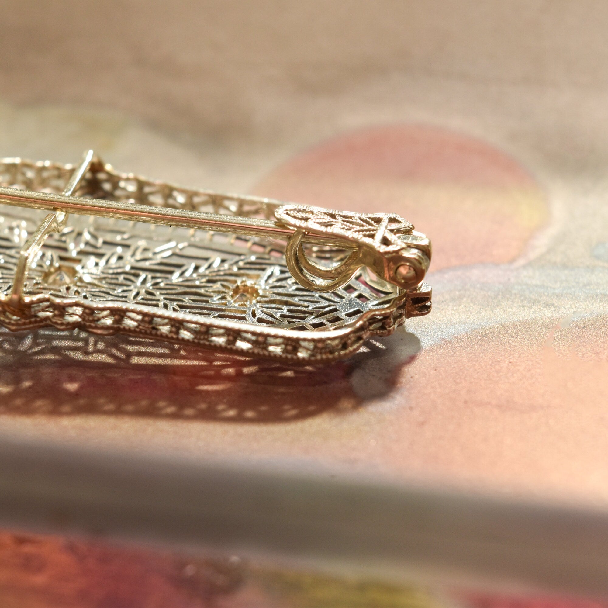 Edwardian 14K White Gold Filigree Diamond Brooch Pendant, Antique Jewelry, 2"