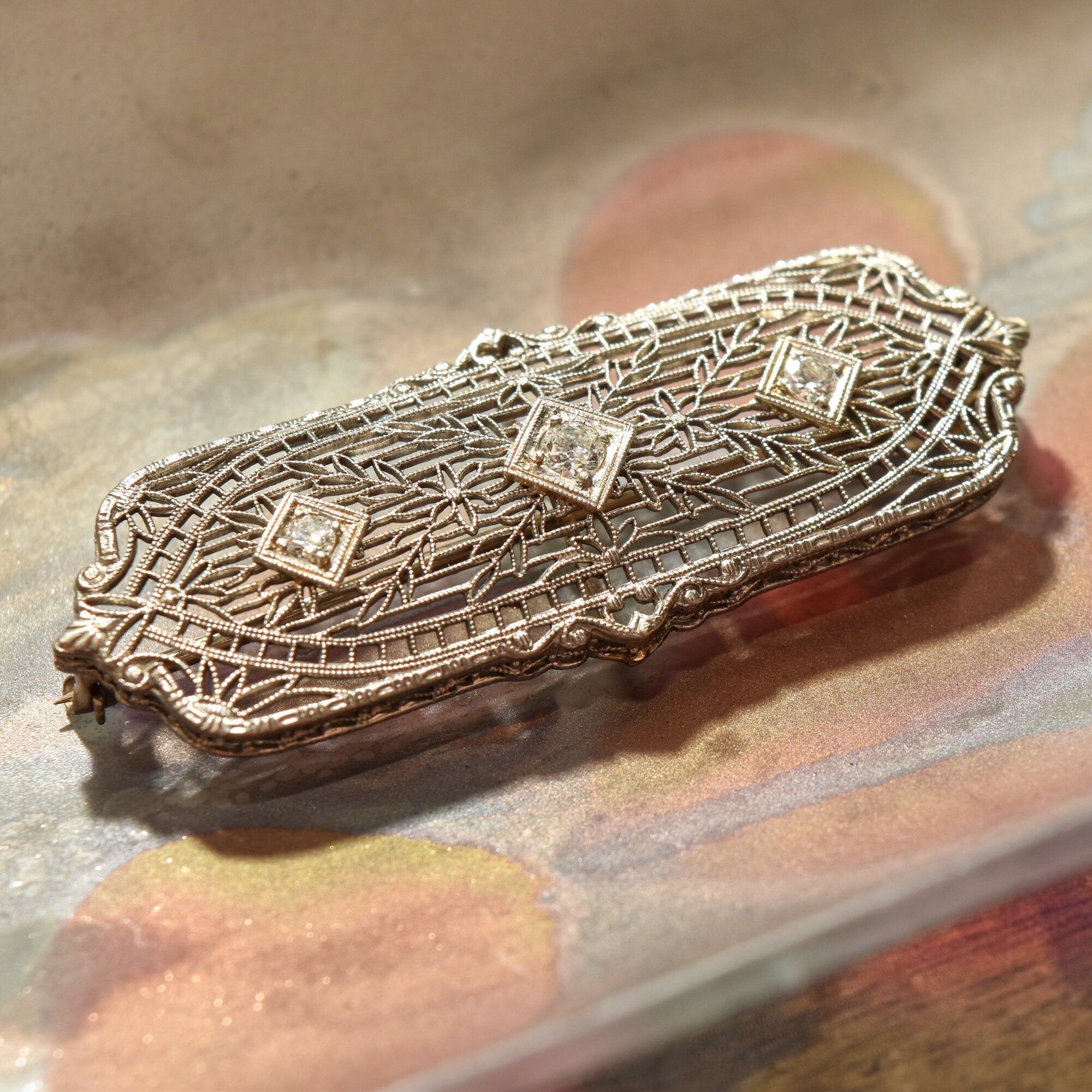 Edwardian 14K White Gold Filigree Diamond Brooch Pendant, Antique Jewelry, 2"