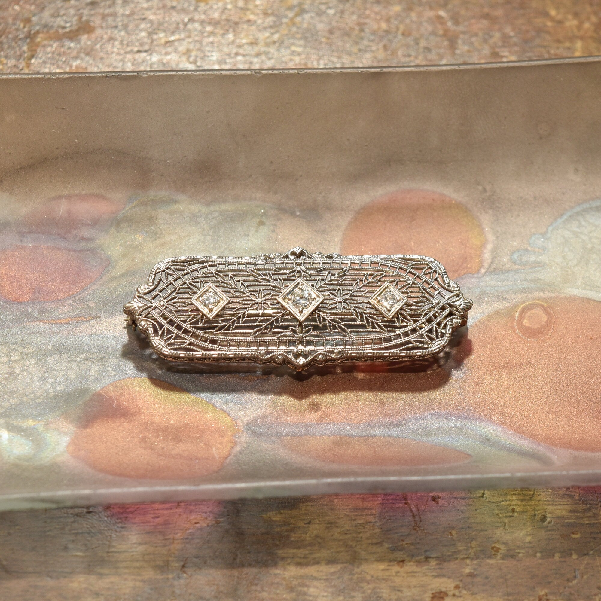 Edwardian 14K White Gold Filigree Diamond Brooch Pendant, Antique Jewelry, 2"