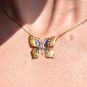Italian 18K Enamel Butterfly Pendant Necklace, Elegant Yellow Gold Necklace, Estate Jewelry, 15 1/2" L