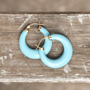 Cute 14K Simulated Turquoise Hoops, Wide-Bottom Design, Small Blue Hoop Earrings, Gift For Her, 30mm