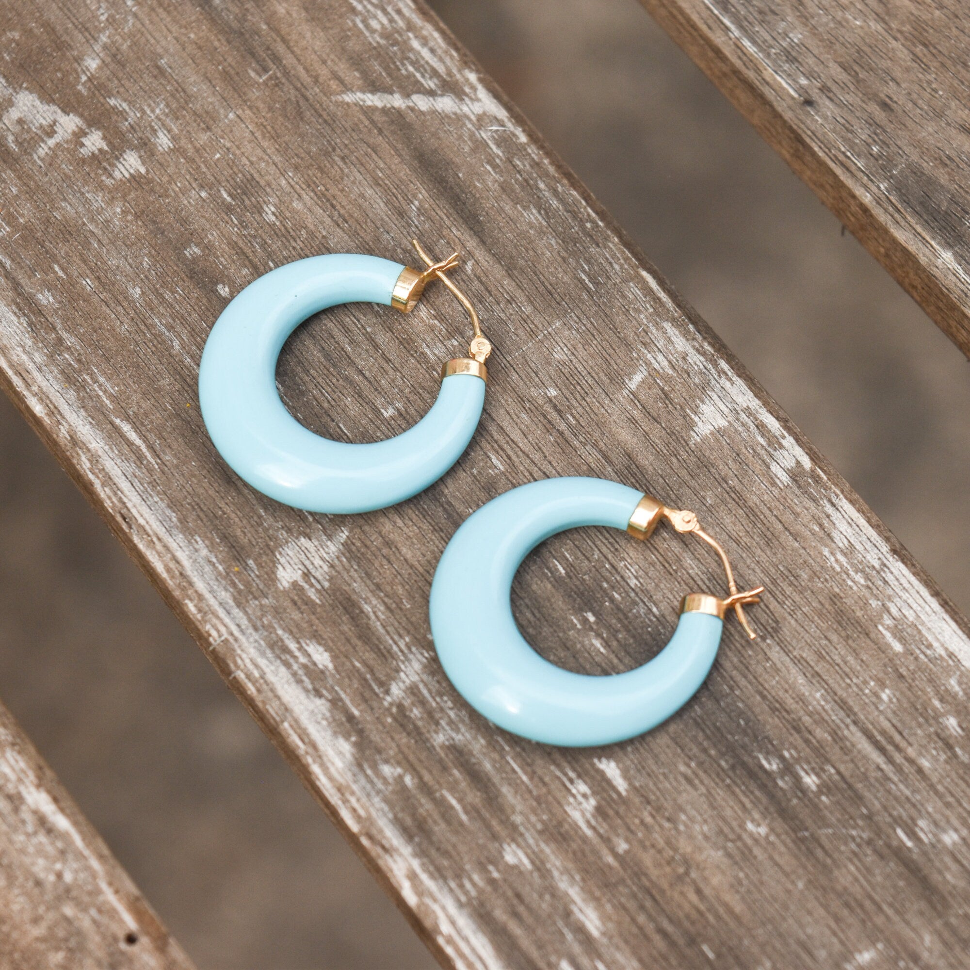 Cute 14K Simulated Turquoise Hoops, Wide-Bottom Design, Small Blue Hoop Earrings, Gift For Her, 30mm